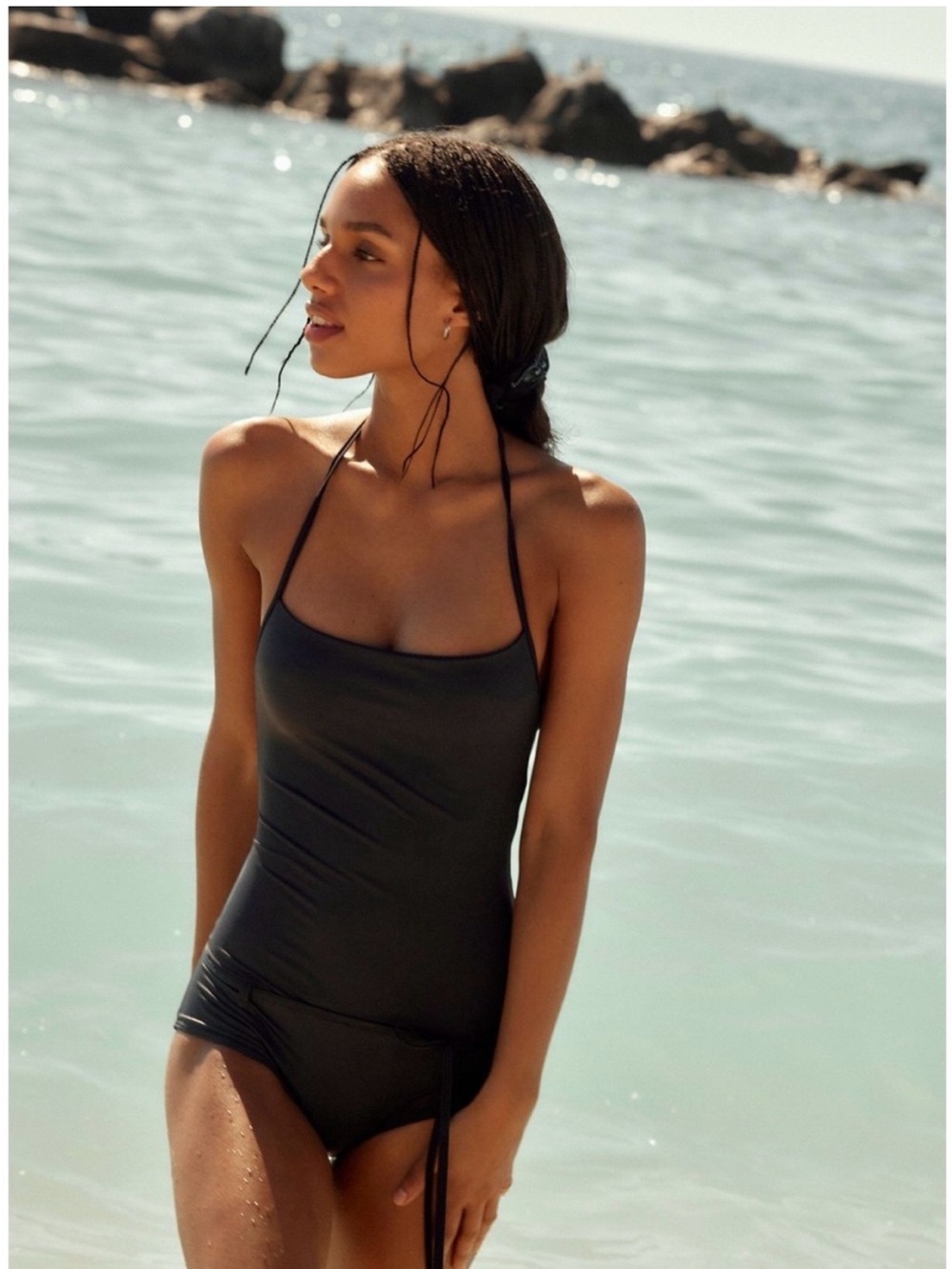 Belle Anna Clara One Piece Swimsuit Black Halter Boyshort Large (Fits Medium)